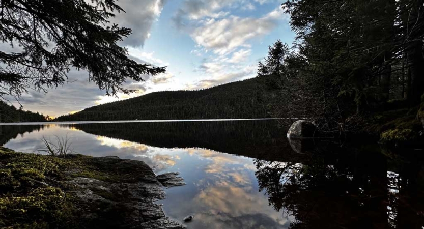 The blue sky and clouds are reflected in a still body of water below, which is framed by trees. 